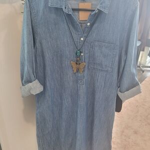 Denim Shirt Dress with Butterfly Necklace